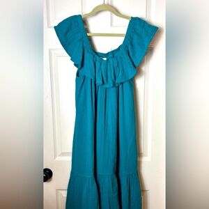WILT Gauze Mari Dress S Green Midi Tired Flutter Neck Vacation Coastal Beach